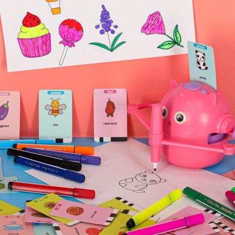 Robot edukacyjny interaktywny nauka rysowania pisania zestaw fiszki mazaki różowy