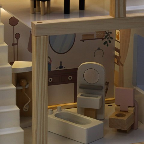 Domek dla lalek drewniany mebelki 80cm róż LED