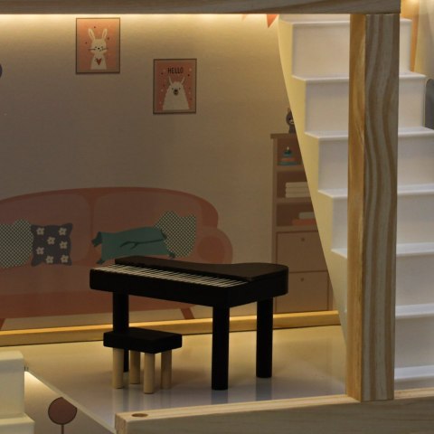 Domek dla lalek drewniany mebelki 80cm róż LED