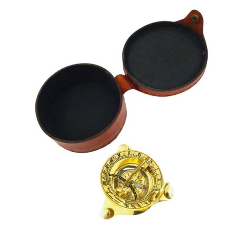 Mosiężny kompas i zegar słoneczny w skórzanym etui - SUN023F