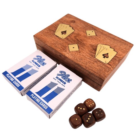 Dwie Talie Kart i Kości do Gry w Pudełku Drewnianym - DNU-2790
