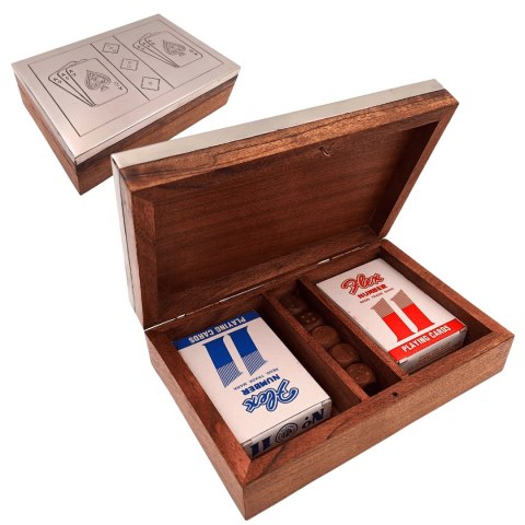 Dwie Talie Kart i Kości do Gry w Pudełku Drewnianym z Aluminiowym Topem - DC-004