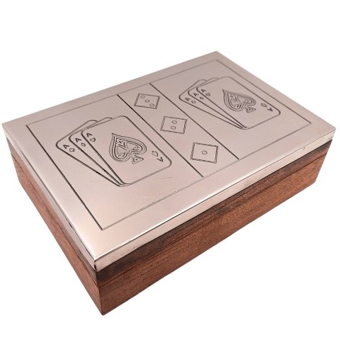 Dwie Talie Kart i Kości do Gry w Pudełku Drewnianym z Aluminiowym Topem - DC-004