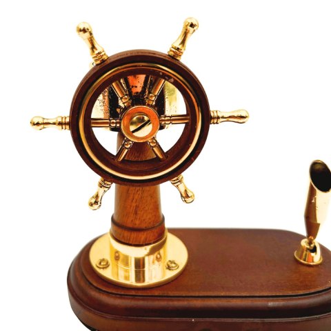 Elegancki Zestaw na Biurko Koło Sterowe i Kompas z Uchwytem na Długopis - Drewno Mosiądz - TT017