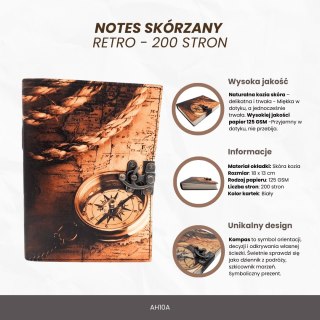 Notes Skórzany Kompas Retro Vintage 200 stron - Prezent dla Podróżnika - AH10A