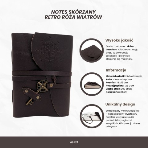 Notes Skórzany Retro Róża Wiatrów 200 stron - Prezent dla Żeglarza - AH03