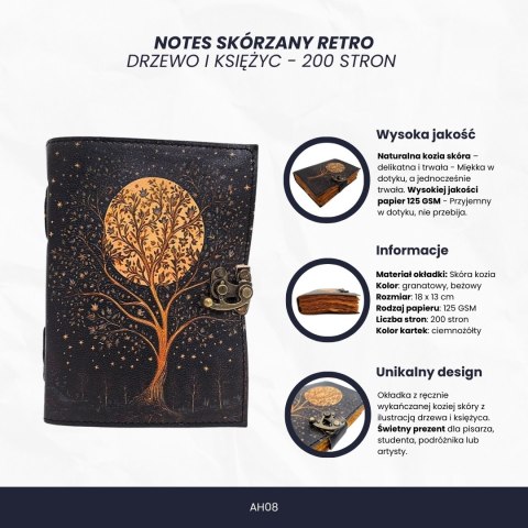 Notes Skórzany Vintage Retro Drzewo i Księżyc 200 stron - AH08