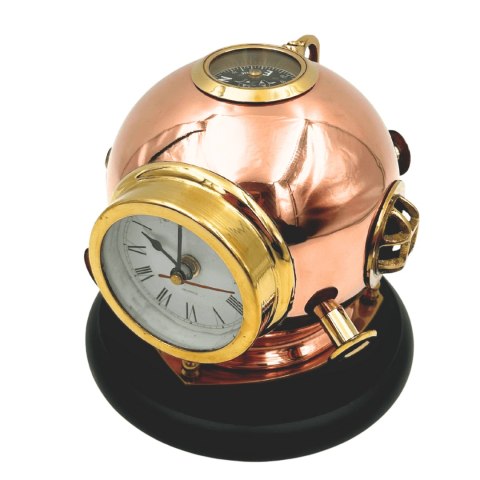 Zegar Biurkowy Hełm Nurka z Kompasem - Mosiężny na Drewnianej Podstawie - TC032
