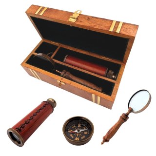 Zestaw Prezentowy Retro - Kompas, Luneta i Lupa w Pudełku Drewnianym - NC102369