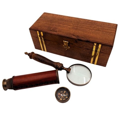 Zestaw Prezentowy Retro - Kompas, Luneta i Lupa w Pudełku Drewnianym - NC102369