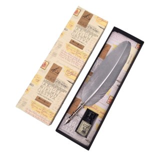 Zestaw do kaligrafii - Srebrne pióro gęsie ze stalówką + tusz - 7262/A