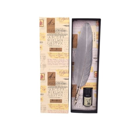 Zestaw do kaligrafii - Srebrne pióro gęsie ze stalówką + tusz - 7262/A