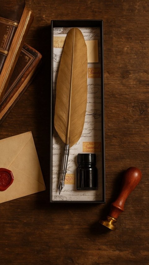 Zestaw do kaligrafii - Złote pióro gęsie ze stalówką + tusz - 7262