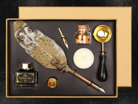 Zestaw piśmienniczy - Pióro ze stalówką, atramentem i zestawem do pieczęci (mix 4 wzorów).