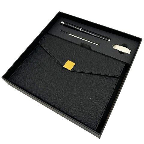Elegancki Zestaw Prezentowy Premium - Notes A5 z Długopisem i Pendrive 16GB w Pudełku - Czarno-złoty - EE9